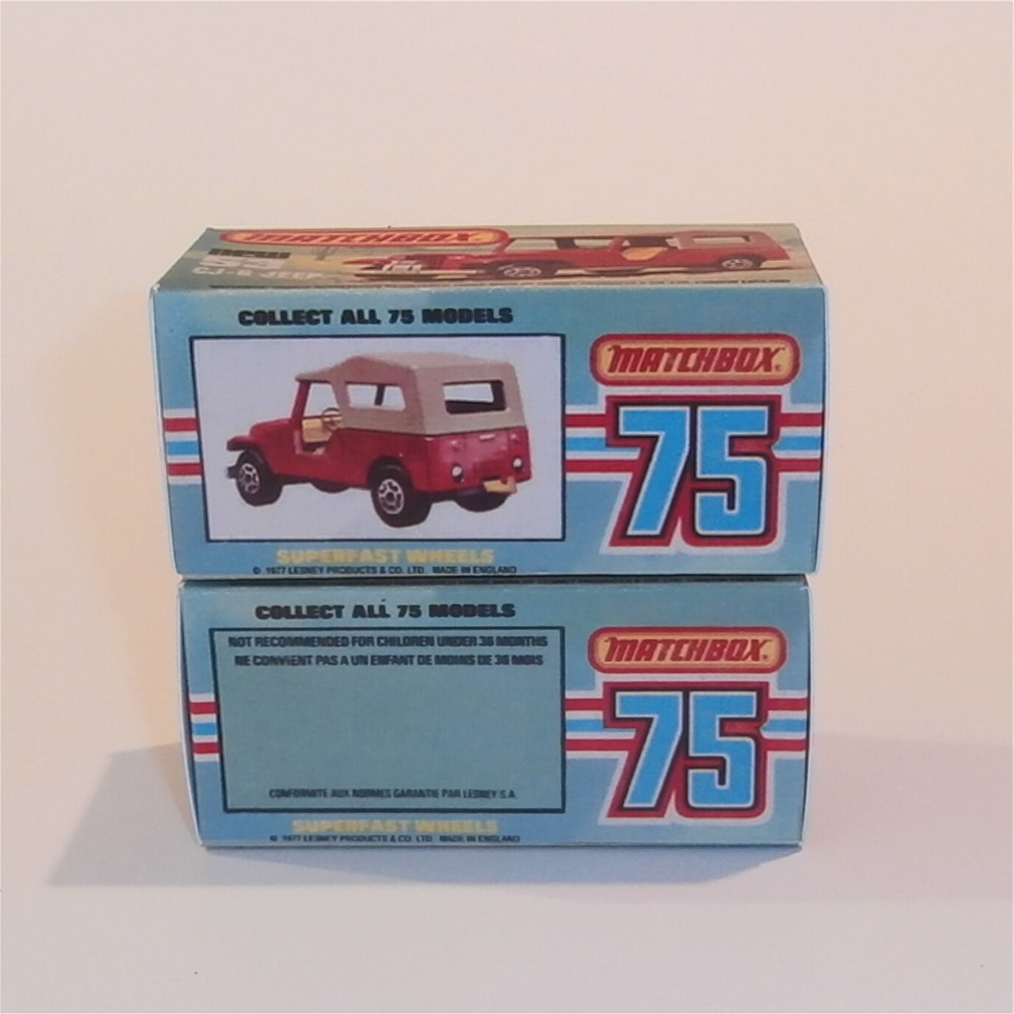 Matchbox Lesney Superfast 53 f1 CJ-6 Jeep K Style Repro Box Comparison