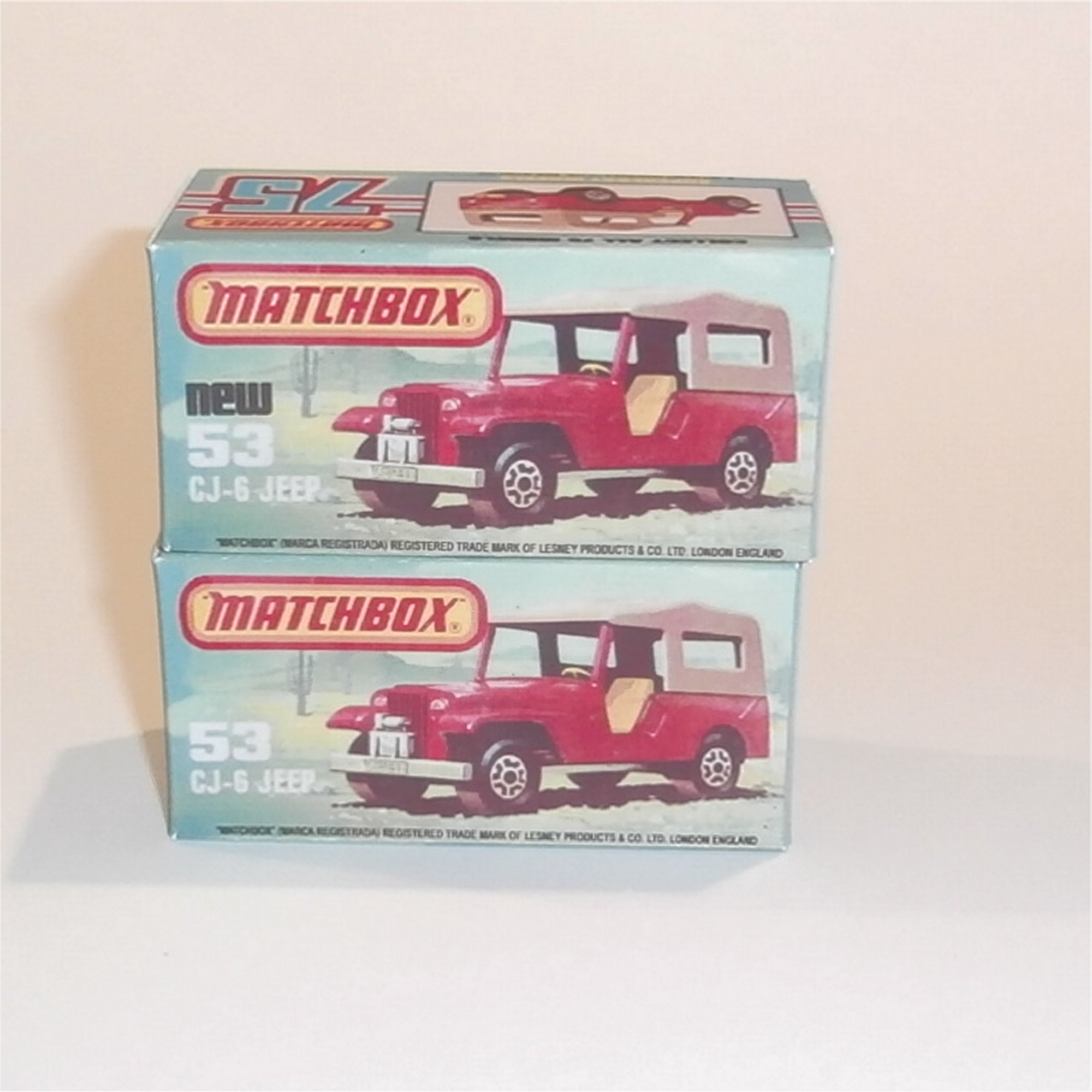 Matchbox Lesney Superfast 53 f1 CJ-6 Jeep K Style Repro Box Comparison