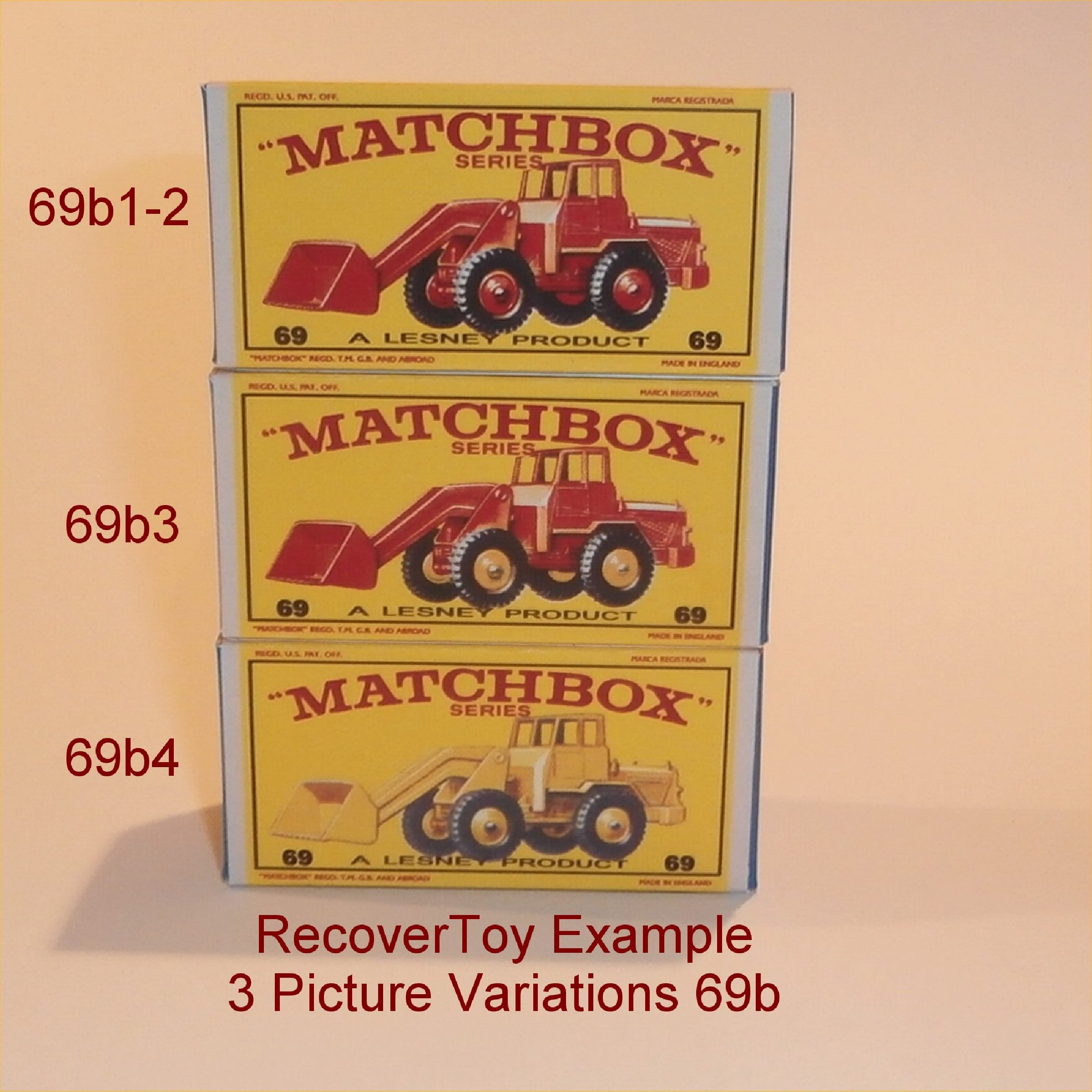 Matchbox Lesney 69 b4 Hatra Tractor Shovel Yellow E Style Repro Box