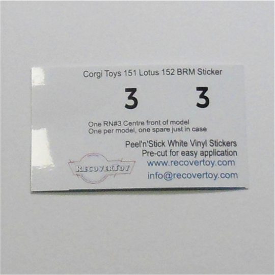 Corgi Toys 151 Lotus Le Mans 152 BRM Racing Car RN#3 Sticker