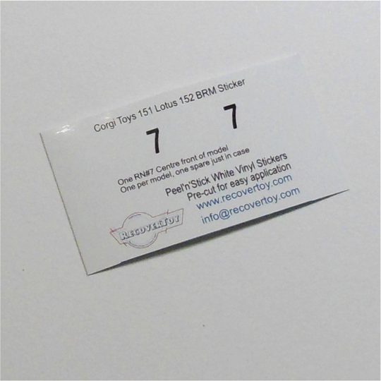 Corgi Toys 151 Lotus Le Mans 152 BRM Racing Car RN#7 Sticker