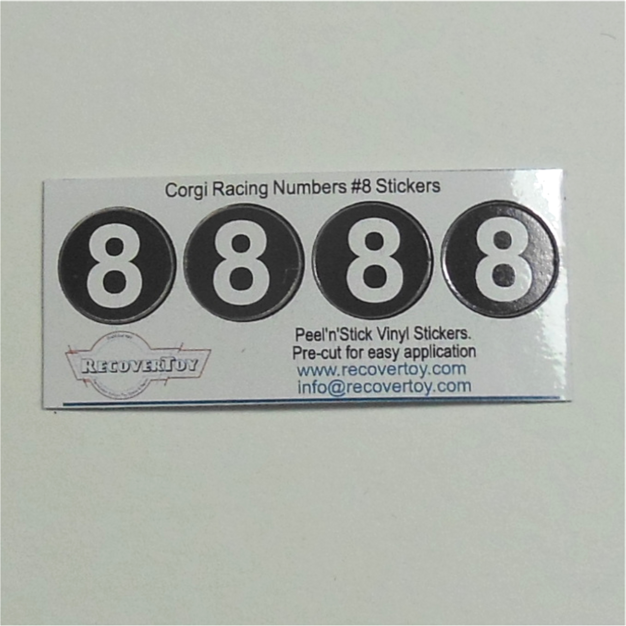 Corgi Toys Racing Cars White Number #8 on Black Roundel Set of 4 Stickers