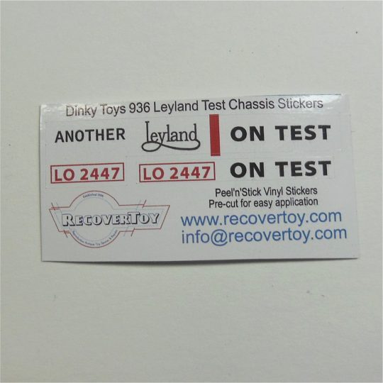 Dinky Toys 936 Leyland Test Chassis Cab Front Signage Rear Number Plate Stickers