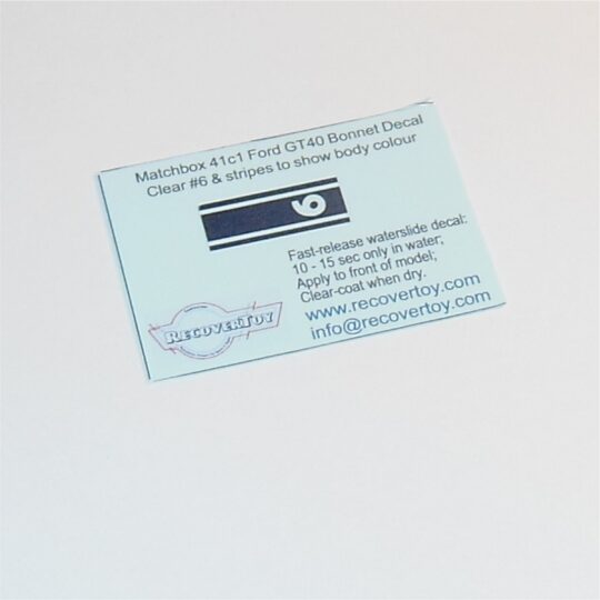Matchbox Lesney 41 c1 Ford GT Racing Stripe Clear Sticker RN#6 or 9
