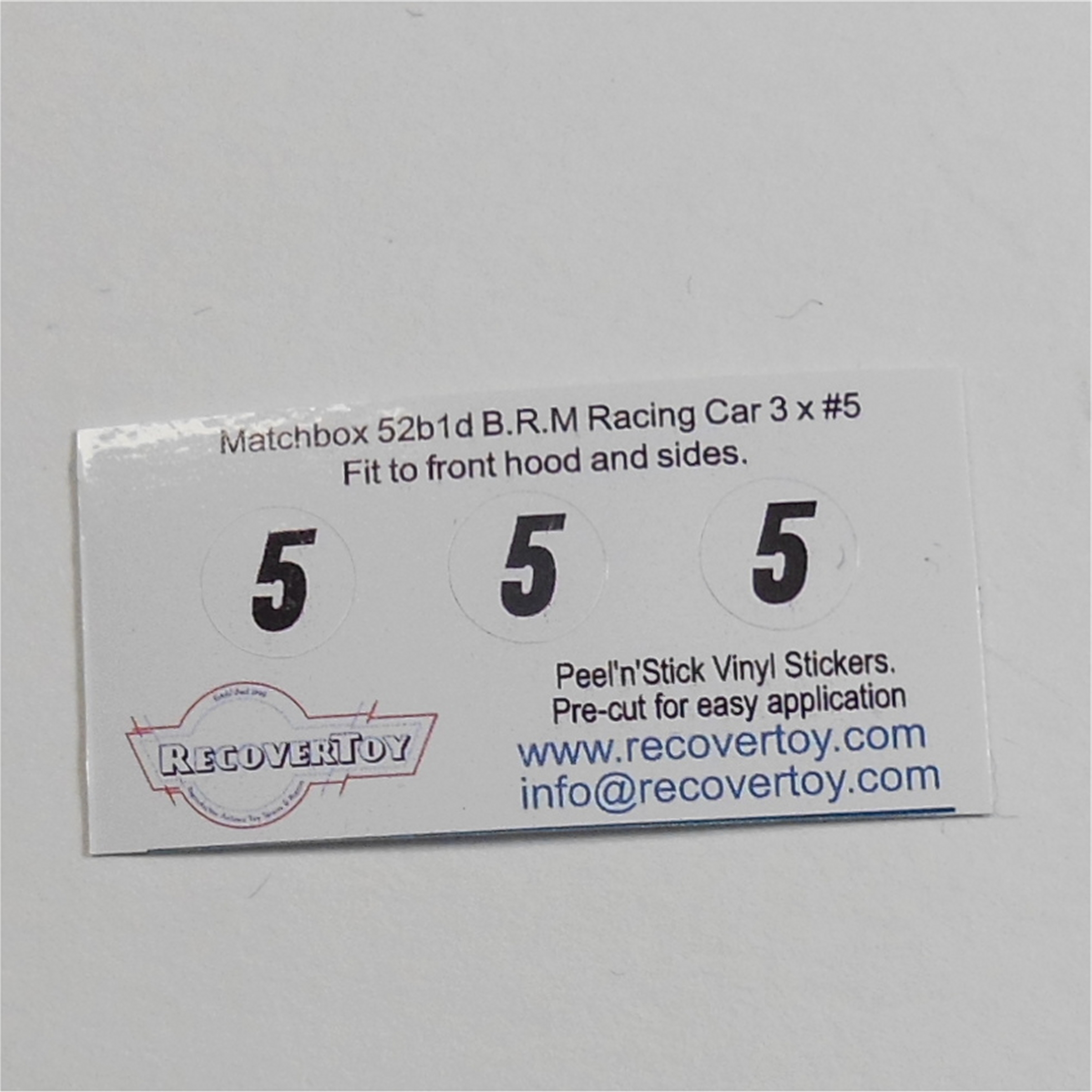 Matchbox Lesney 52 b1 B.R.M Racing Car RN#5 Pre-cut Sticker Set
