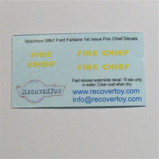 Matchbox Lesney 59 b1 Ford Fairlane Fire Chief Decal Set